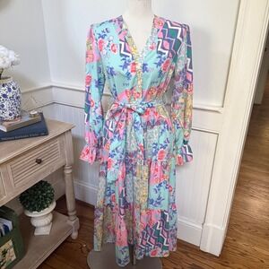 SundayUp Women Patchwork Floral Maxi Dress V-Neck Tiered Boho Multicolor Size M